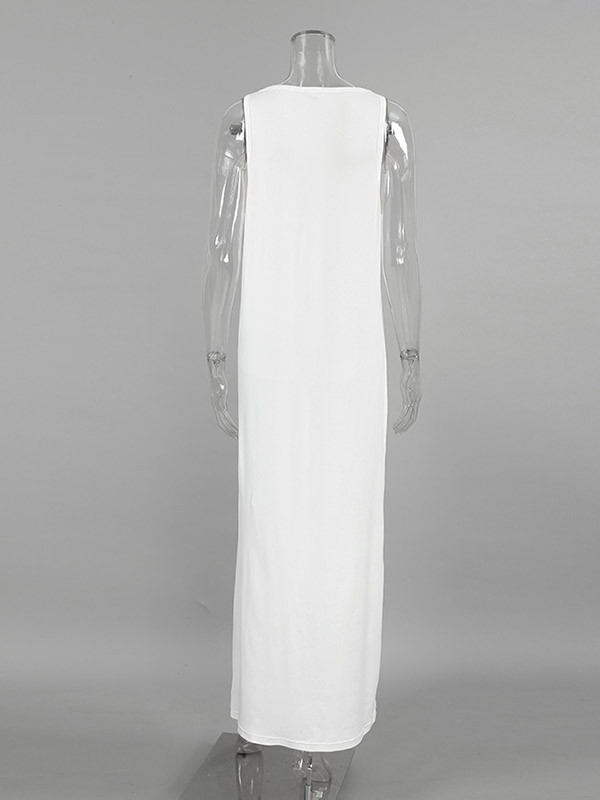 Split-Joint Solid Color See-Through Sleeveless Loose U-Neck Maxi Dresses