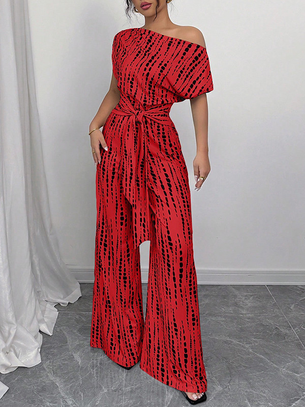 Tied Waist Split-Joint Printed Asymmetric Wide Leg Loose One-Shoulder Jumpsuits