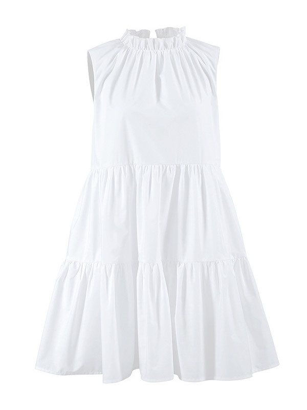 Split-Joint Solid Color Ruffled Pleated Loose A-Line Round-Neck Shirt Dress Mini Dresses