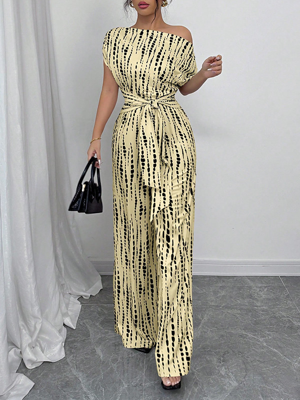 Tied Waist Split-Joint Printed Asymmetric Wide Leg Loose One-Shoulder Jumpsuits