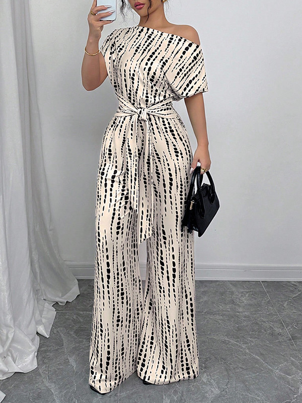 Tied Waist Split-Joint Printed Asymmetric Wide Leg Loose One-Shoulder Jumpsuits