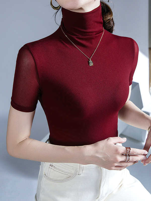 Solid Color Skinny Half Sleeves High Neck T-Shirts Tops