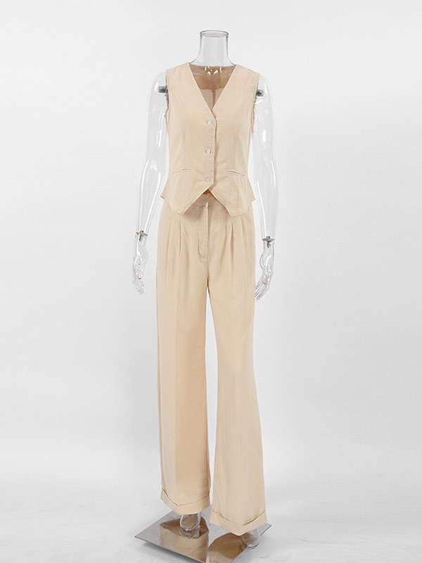 Split-Joint Solid Color Pleated Sleeveless Loose V-Neck Two Pieces Set