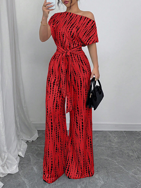Tied Waist Split-Joint Printed Asymmetric Wide Leg Loose One-Shoulder Jumpsuits