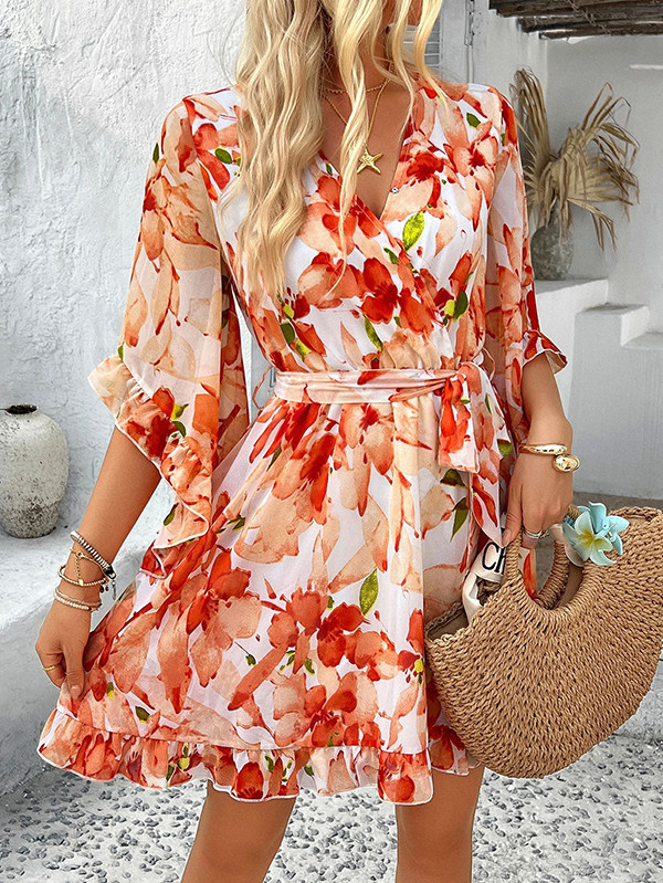 Tied Waist Split-Joint Ruffle Trim Flower Print Loose Half Sleeves V-Neck Mini Dresses