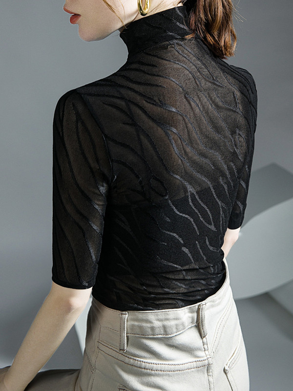 See-Through Skinny Plus Size High Neck T-Shirts Tops