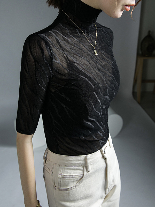 See-Through Skinny Plus Size High Neck T-Shirts Tops