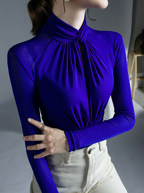 Solid Color Pleated Hollow Skinny Plus Size Mock Neck T-Shirts Tops