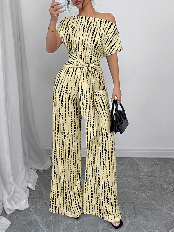 Tied Waist Split-Joint Printed Asymmetric Wide Leg Loose One-Shoulder Jumpsuits