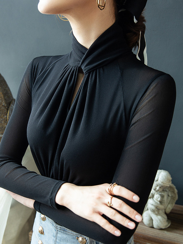 Solid Color Pleated Hollow Skinny Plus Size Mock Neck T-Shirts Tops