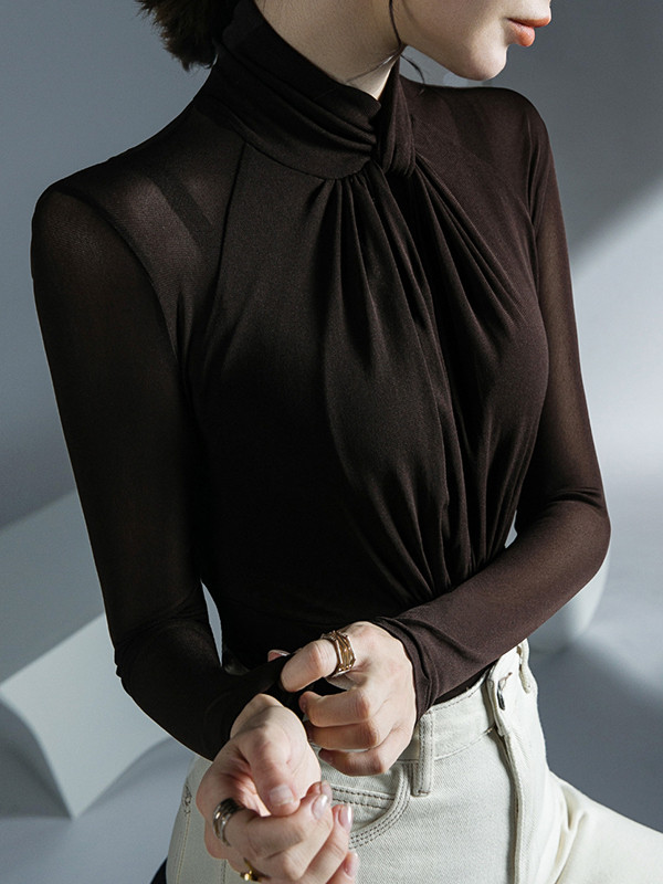 Solid Color Pleated Hollow Skinny Plus Size Mock Neck T-Shirts Tops