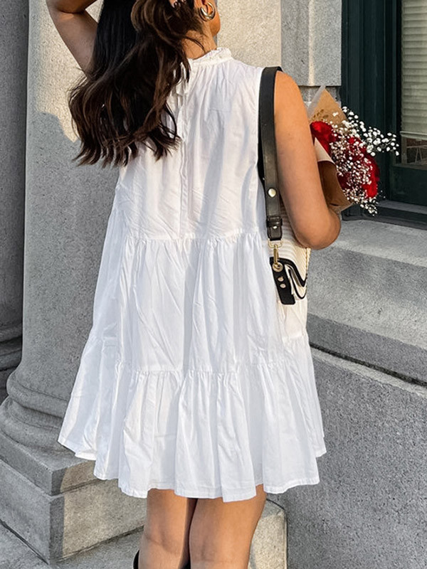 Split-Joint Solid Color Ruffled Pleated Loose A-Line Round-Neck Shirt Dress Mini Dresses