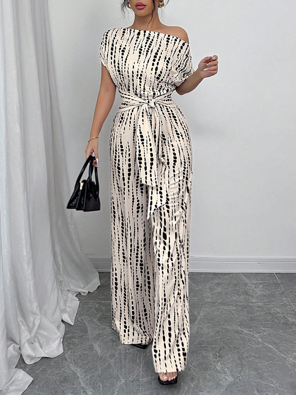 Tied Waist Split-Joint Printed Asymmetric Wide Leg Loose One-Shoulder Jumpsuits