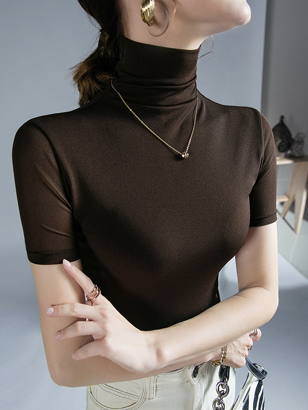 Solid Color Skinny Half Sleeves High Neck T-Shirts Tops