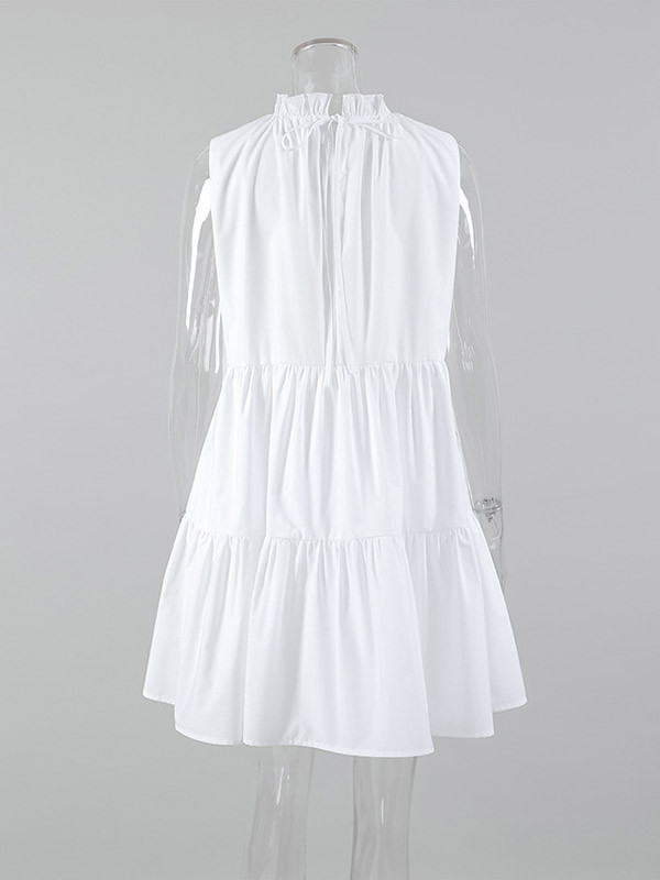 Split-Joint Solid Color Ruffled Pleated Loose A-Line Round-Neck Shirt Dress Mini Dresses