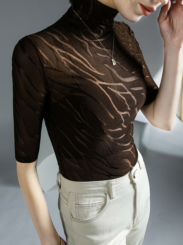 See-Through Skinny Plus Size High Neck T-Shirts Tops
