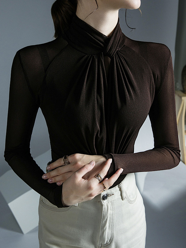 Solid Color Pleated Hollow Skinny Plus Size Mock Neck T-Shirts Tops