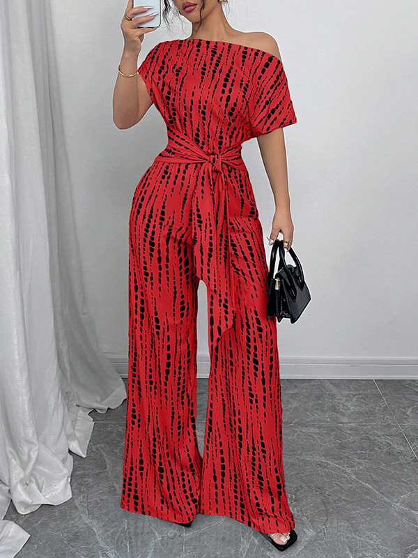 Tied Waist Split-Joint Printed Asymmetric Wide Leg Loose One-Shoulder Jumpsuits