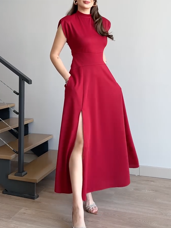 Split-Side Solid Color Cap Sleeve Stand Collar Midi Dresses