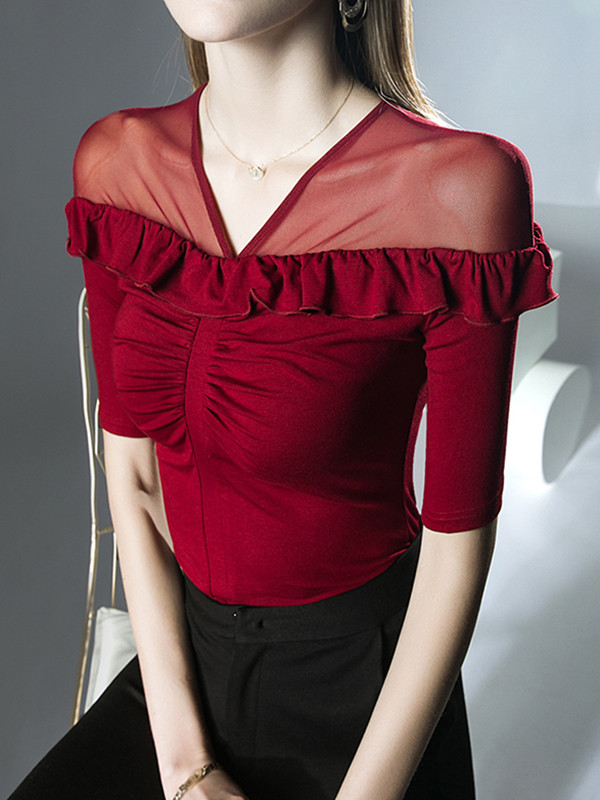 Split-Joint Solid Color Ruffle Trim Pleated Skinny Half Sleeves V-Neck T-Shirts Tops