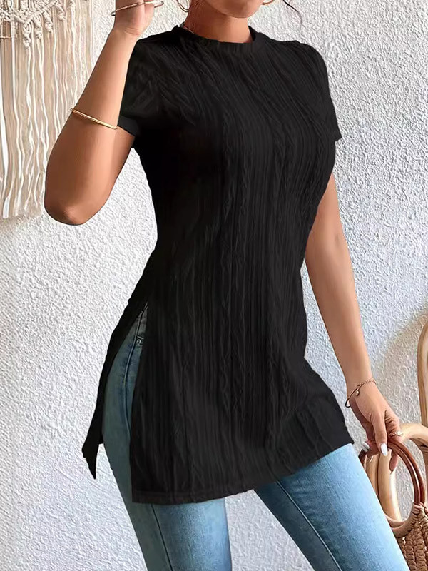Split-Side Split-Joint Solid Color Pleated Short Sleeves Round-Neck T-Shirts