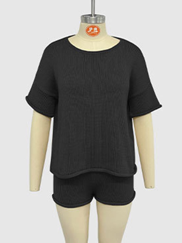 Loose Solid Color Split-Joint Round-Neck Shirt + High Waisted Shorts Two Pieces Set