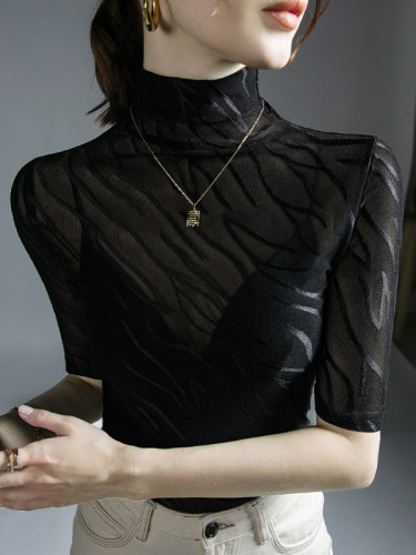 See-Through Skinny Plus Size High Neck T-Shirts Tops