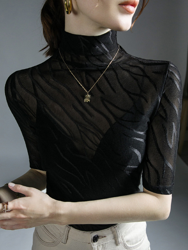 See-Through Skinny Plus Size High Neck T-Shirts Tops