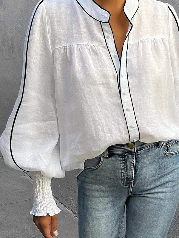 Split-Joint Elasticity Contrast Color Buttoned Puff Sleeves Loose Round-Neck Blouses&Shirts Tops