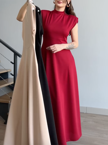 Split-Side Solid Color Cap Sleeve Stand Collar Midi Dresses