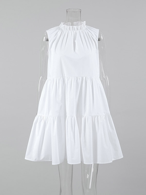 Split-Joint Solid Color Ruffled Pleated Loose A-Line Round-Neck Shirt Dress Mini Dresses