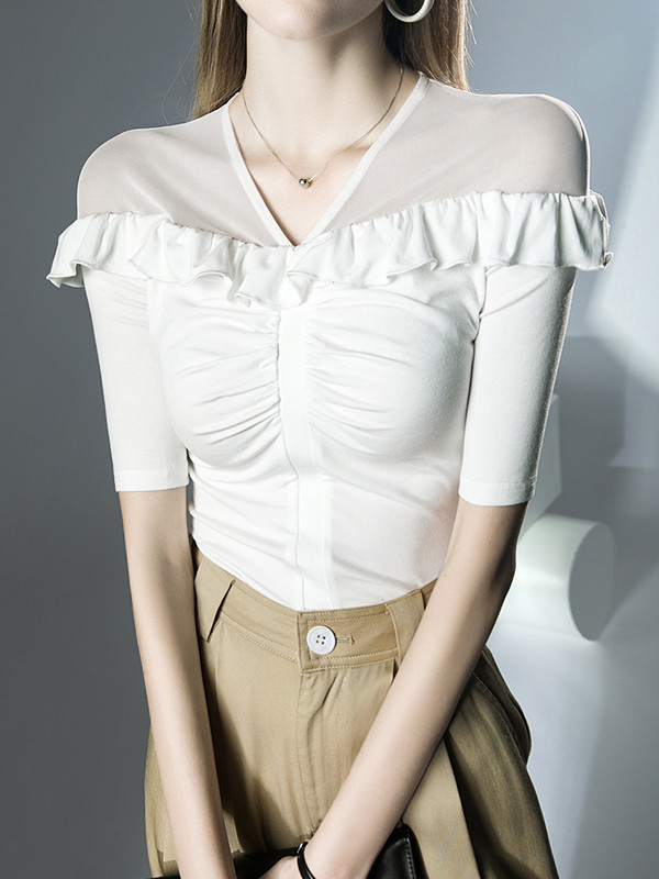 Split-Joint Solid Color Ruffle Trim Pleated Skinny Half Sleeves V-Neck T-Shirts Tops