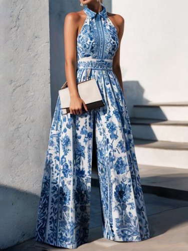 Pleated Flower Print Wide Leg Sleeveless Lapel Jumpsuits