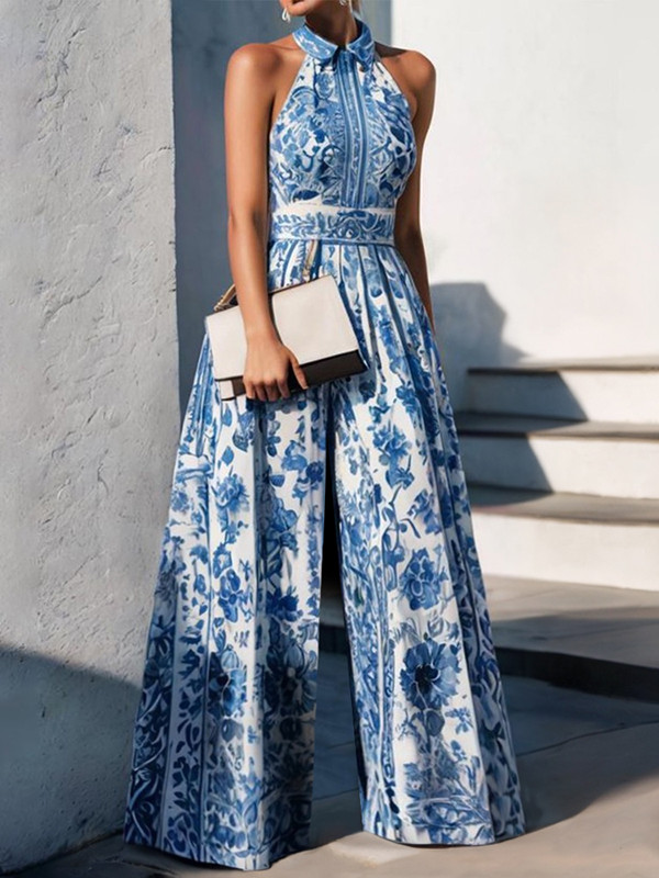Pleated Flower Print Wide Leg Sleeveless Lapel Jumpsuits