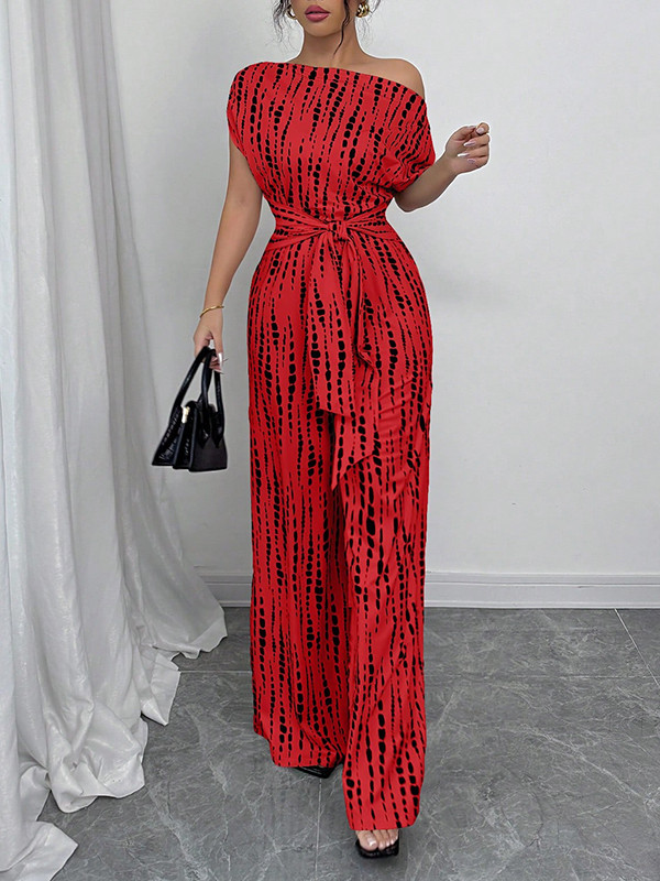 Tied Waist Split-Joint Printed Asymmetric Wide Leg Loose One-Shoulder Jumpsuits