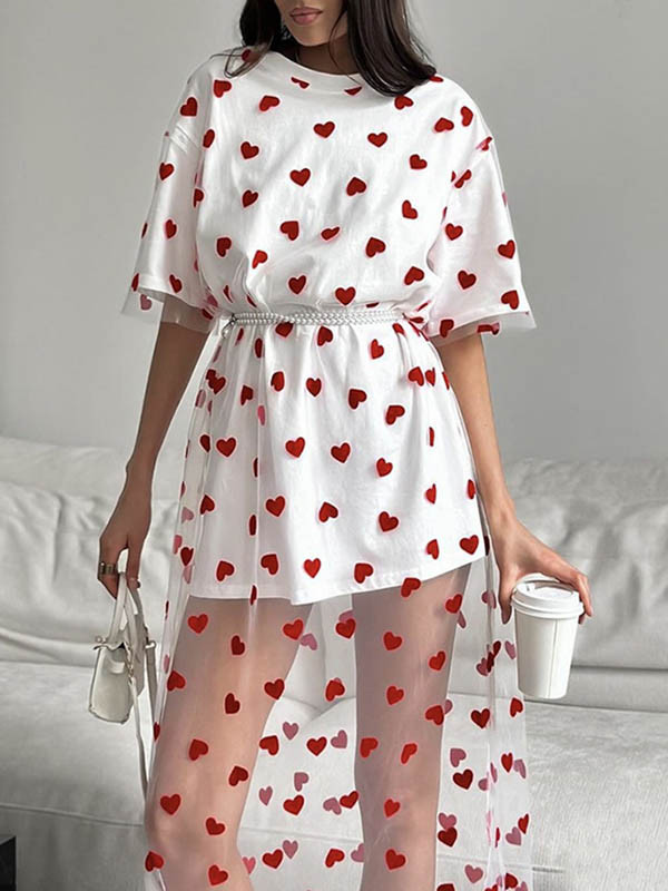 Split-Joint See-Through Mesh Heart Print Short Sleeves Loose Round-Neck Midi Dresses