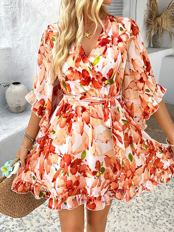 Tied Waist Split-Joint Ruffle Trim Flower Print Loose Half Sleeves V-Neck Mini Dresses
