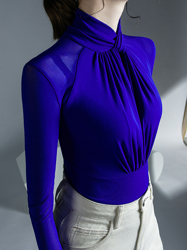 Solid Color Pleated Hollow Skinny Plus Size Mock Neck T-Shirts Tops