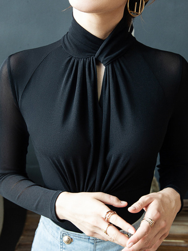 Solid Color Pleated Hollow Skinny Plus Size Mock Neck T-Shirts Tops