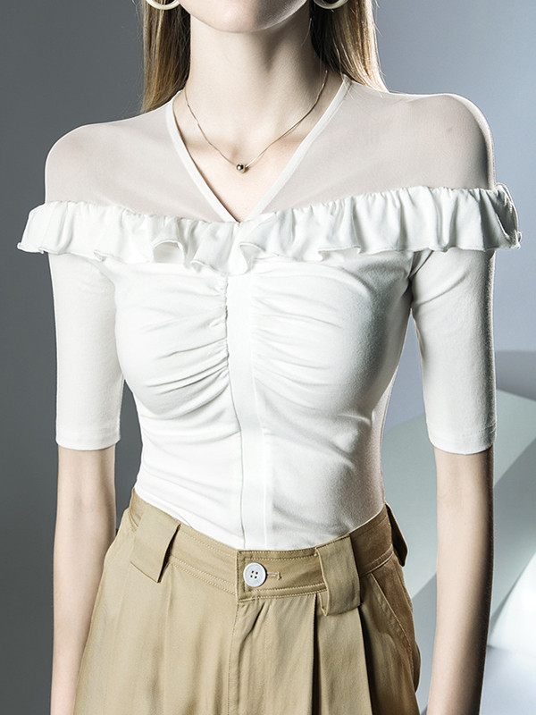Split-Joint Solid Color Ruffle Trim Pleated Skinny Half Sleeves V-Neck T-Shirts Tops
