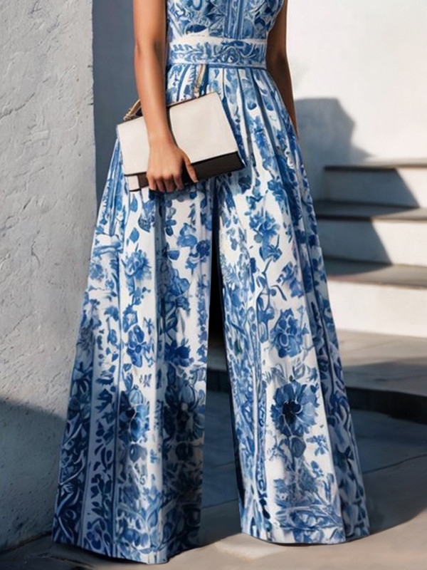 Pleated Flower Print Wide Leg Sleeveless Lapel Jumpsuits