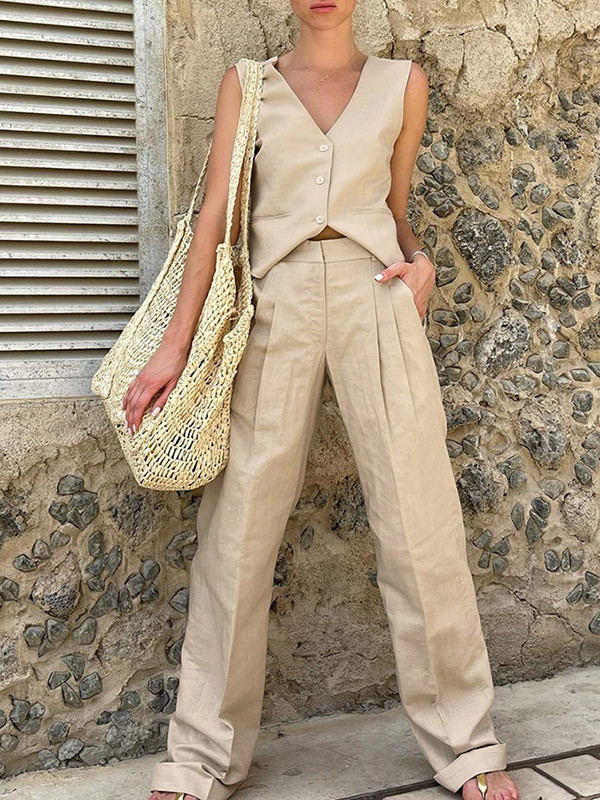 Split-Joint Solid Color Pleated Sleeveless Loose V-Neck Two Pieces Set