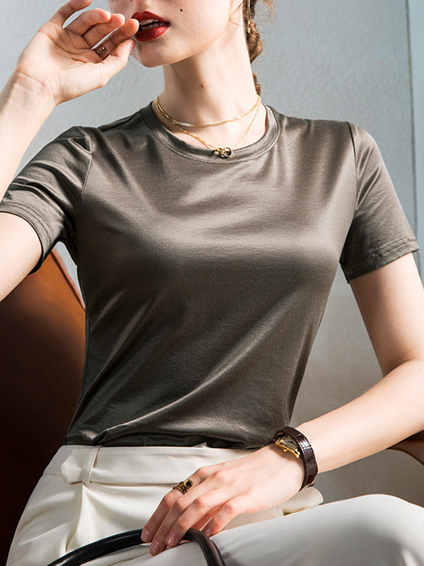 Solid Color Shiny Short Sleeves Loose Round-Neck T-Shirts Tops