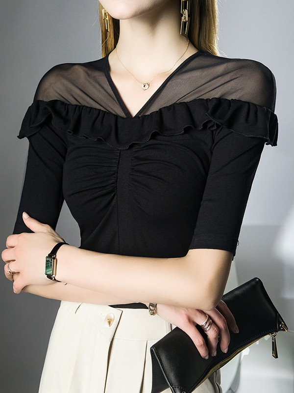 Split-Joint Solid Color Ruffle Trim Pleated Skinny Half Sleeves V-Neck T-Shirts Tops