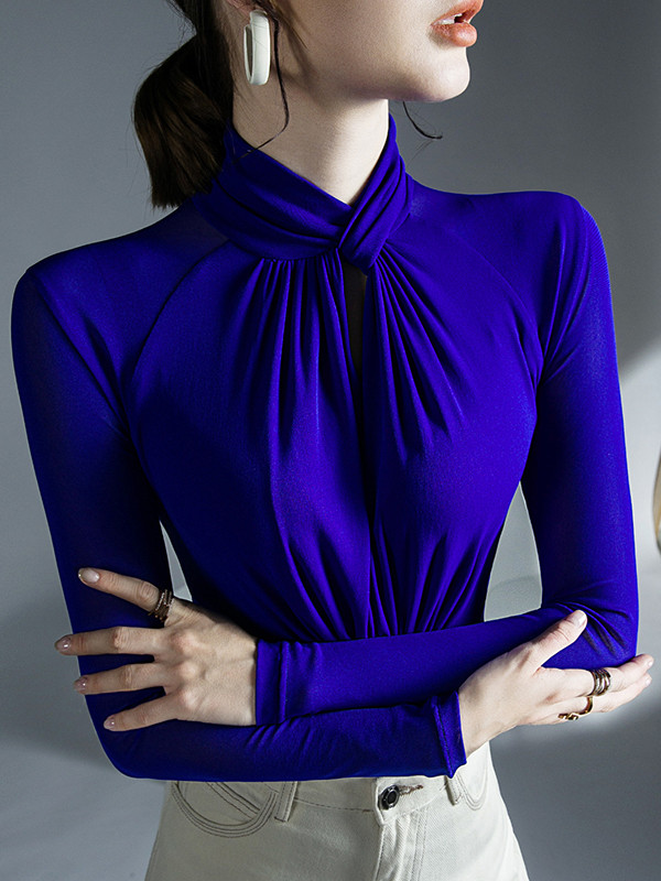 Solid Color Pleated Hollow Skinny Plus Size Mock Neck T-Shirts Tops