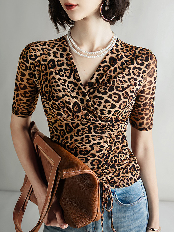Pleated Leopard Skinny Half Sleeves V-Neck T-Shirts Tops