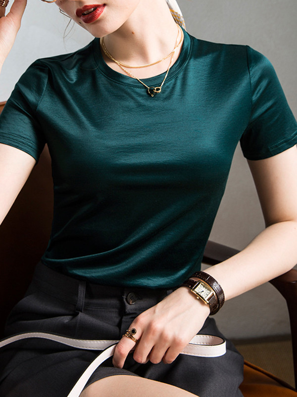 Solid Color Shiny Short Sleeves Loose Round-Neck T-Shirts Tops
