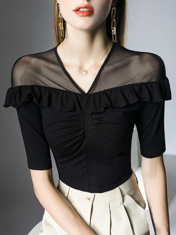 Split-Joint Solid Color Ruffle Trim Pleated Skinny Half Sleeves V-Neck T-Shirts Tops
