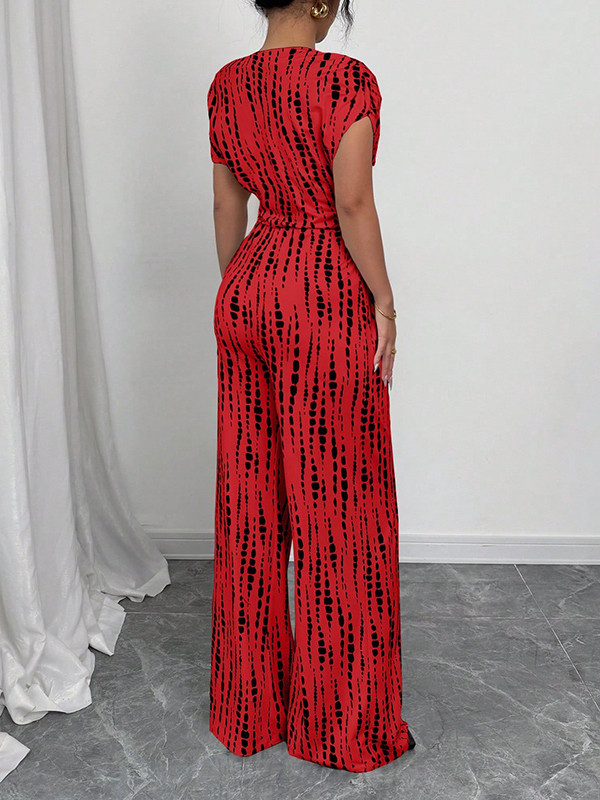Tied Waist Split-Joint Printed Asymmetric Wide Leg Loose One-Shoulder Jumpsuits