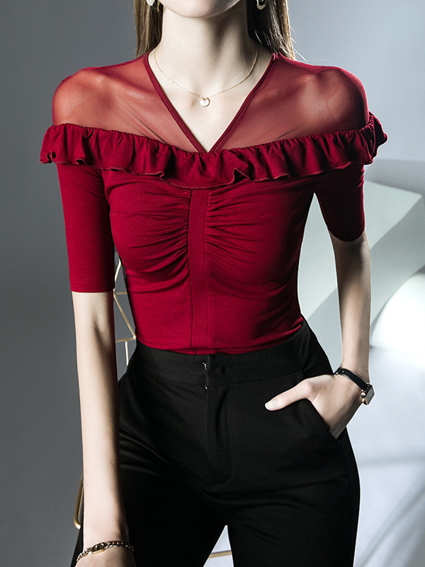 Split-Joint Solid Color Ruffle Trim Pleated Skinny Half Sleeves V-Neck T-Shirts Tops